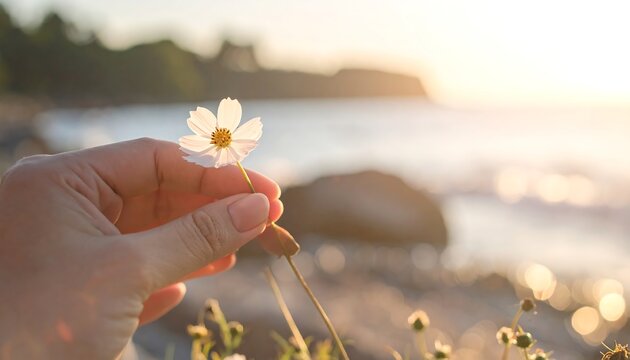 Hand holds a small, white flower against a softly blurred seascape at golden hour