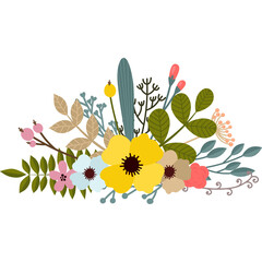 A Delicate Floral Arrangement Featuring Yellow, Pink, and Blue Flowers with Green Leaves and Blue Succulent on a Transparent Background