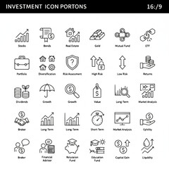 Investment and portfolio management icon set. Finance and business related line icons: stocks, fund, analytics, growth, and capital.
