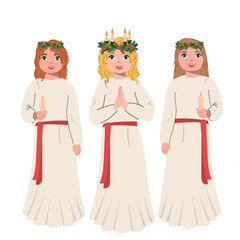 Celebrating Saint Lucia Day. Girls in traditional clothes for Swedish Christmas. Vector characters in cartoon style.
