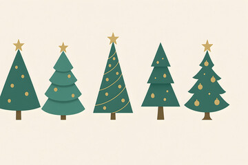 Obraz premium A collection of five christmas tree illustrations with stars and ornaments on a beige background, christmas