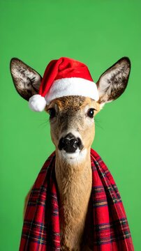 Festive deer wearing a Santa hat and red plaid scarf against a green background for holiday season promotions