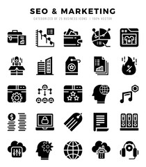 Set of simple Glyph SEO & Marketing Icons. Glyph art icons pack.