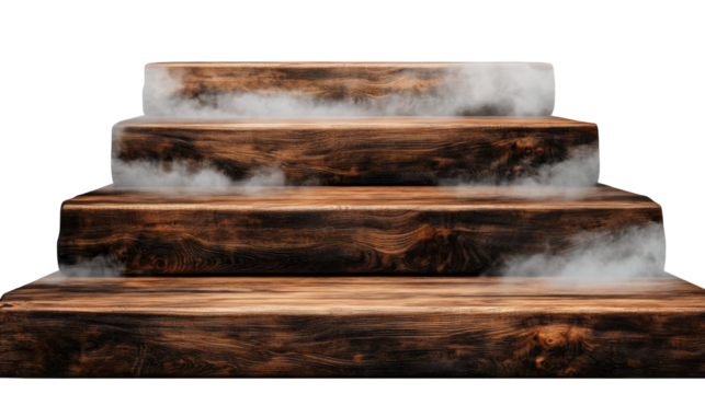 Wooden stairs with mist on transparent background