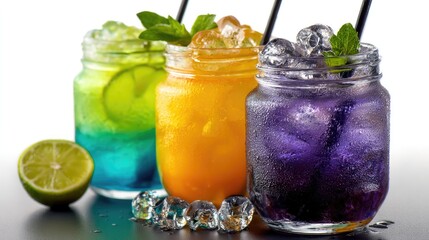 Colorful Cool Drinks: A captivating collection of refreshing, vibrantly hued cocktails in mason jars, garnished with fresh mint leaves and ice, beckoning a thirst-quenching indulgence.