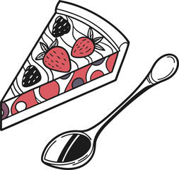 Hand drawn strawberry pizza slice and spoon digital art appetizing food concept isolated on transparent background