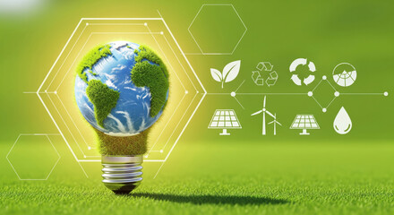 Eco friendly energy concept green earth light bulb renewable energy icons solar panel wind turbine recycling sustainability clean environment innovation hope