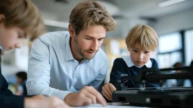 male teacher showing 3D printing process to curious students bright workspace teamwork invention future learning cinematic color correction, gentle backlight, clean negative space, high quality