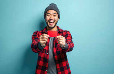 Young Asian man in beanie and plaid shirt holds red credit card. He smiles happily, ready for online shopping or purchase. Man gestures card towards camera. Casual style.