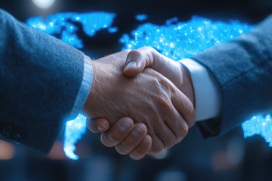 Business handshake overlaid with a global network