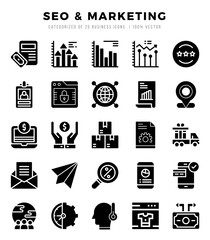 Set of simple Glyph SEO & Marketing Icons. Glyph art icons pack.