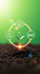 Young green plant sprout growing in fertile soil with glowing sustainability icons, symbolizing eco friendly industry, recycling, and circular economy on vibrant green background