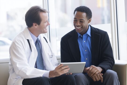 Doctor consulting patient with digital tablet. Professional healthcare service, communication, and trust in medical environment. Ideal for health, clinic, and insurance concepts.