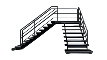 Modern Black Stairs with Railings on Transparent Background