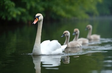 Fototapeta premium Mother swan glides on calm lake water with three cygnets following closely behind. This scene shows family togetherness and peaceful nature, perfect for wildlife or nature content.
