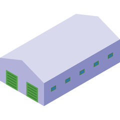 Simple Isometric Warehouse Building With Green Doors and Blue Windows on a White Background