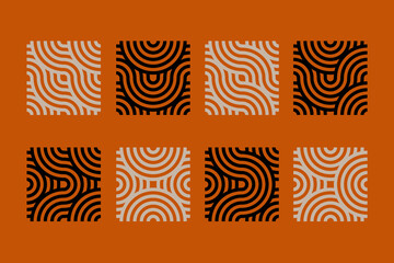 Eight square designs, each show bold, wavy, and circular line motifs in alternating colors of black and beige against an earthy orange background. 