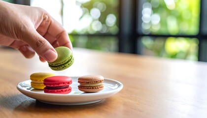 Hand placing a green macaron on a small white plate with yellow, red, and brown macarons on a wooden table