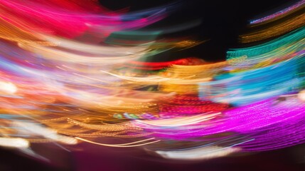 Abstract motion background with colorful light trails and blurry glowing swirls on dark. Ideal for party flyers, music visuals, New Year banners, nightlife concepts, and celebration themes.