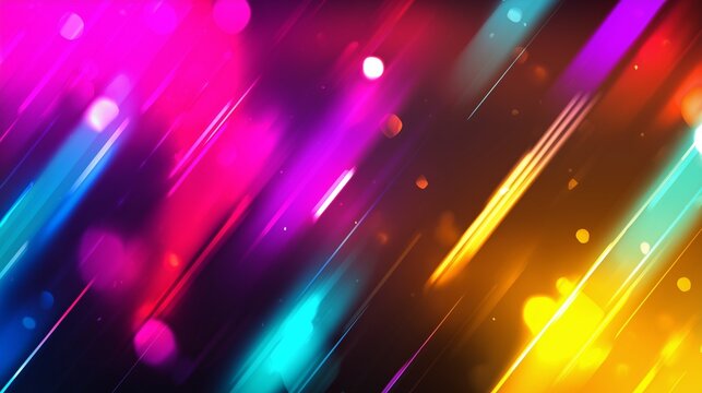 Colorful abstract background with diagonal neon light streaks and glowing bokeh. Perfect for party flyers, New Year banners, digital posters, nightclub visuals, and celebration designs.