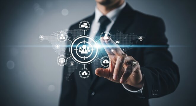 Business professional leveraging advanced digital technology to strategically identify, recruit, and manage global talent and customer networks for growth