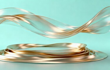 The metallic texture of the ribbon elegantly swings against a solid color background