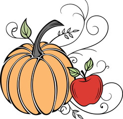 Hand drawn style autumn harvest pumpkin and red apple with falling leaves isolated on transparent background