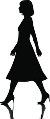 Elegant woman silhouette walking, fashion style, high heels, reflection, minimal design, graceful movement, black dress, modern art, profile view