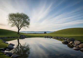 Idyllic green landscape reflecting tranquil water features during the day