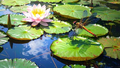 Water lilies, dragonfly, pond scene