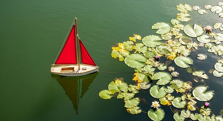 Miniature red sailboat tranquil floating water lilies in green reflections