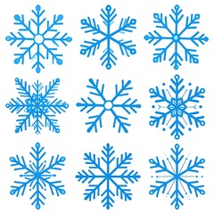 Nine different stylized blue and white snowflakes