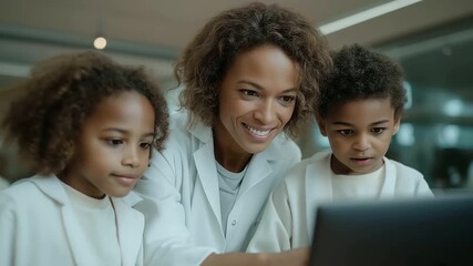 female educator guiding children through coding game soft notifications laughter interactive learning modern STEM cinematic color correction, gentle backlight, clean negative space, high quality - Powered by Adobe