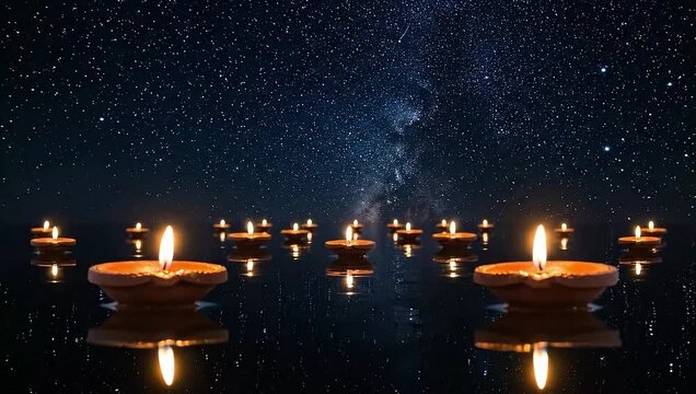 dev diwali traditional oil lamps floating under starry night sky