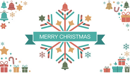 Festive christmas snowflake design with colorful ornaments gifts bells and candy canes on a white background celebrating the holiday season