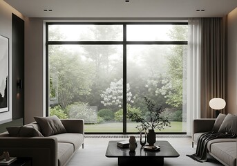 Fototapeta premium Serene living room showcasing nature through expansive window design