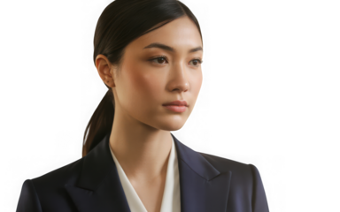 Professional asian businesswoman in a dark suit looking to the side isolated on transparent background