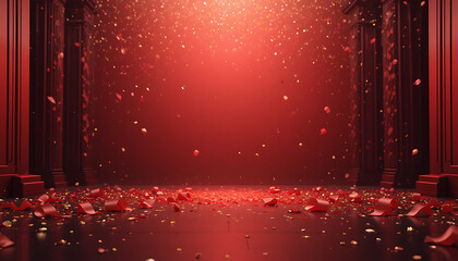 A dramatic red stage illuminated by a spotlight with falling confetti and rose petals scattered across the floor creating a festive and celebratory atmosphere for an event or performance