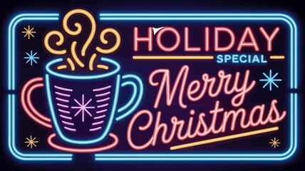 Vibrant neon sign advertising a holiday special with a steaming mug of hot chocolate and merry christmas message