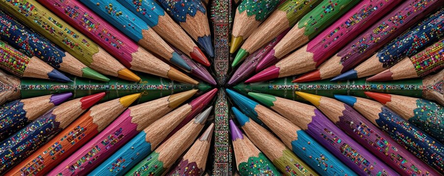 Colorful pencils arranged in a radial pattern - Powered by Adobe