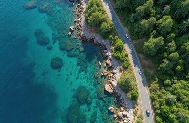Obraz premium Cars drive on road near turquoise sea and rocky coast. Green trees grow along asphalt path. Aerial view shows coastal landscape with clear blue water and shoreline.