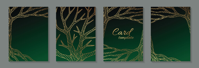 Golden trees on a dark green background. Modern luxury card templates for wedding initation or birthday greetings.