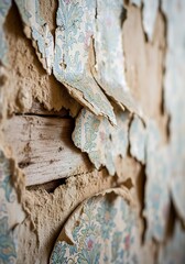 Peeling wallpaper on aged wall revealing rustic construction elements