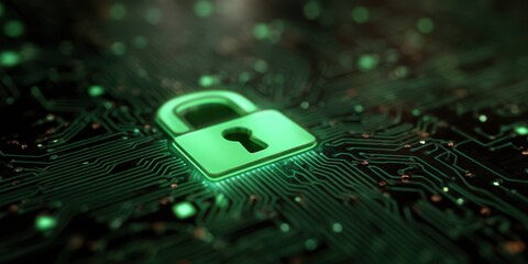 Digital padlock on a glowing green circuit board representing cybersecurity