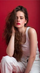 Naklejka premium Young caucasian female with long hair in white outfit against red background