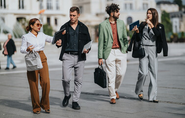Diverse group of four business people dressed in smart-casual outfits strolls through an urban plaza, carrying bags and notebooks, sharing conversation and preparing for a collaborative day of work.