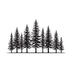 Obraz premium A horizontal line of evergreen coniferous trees creates a dense forest silhouette against a white background, evoking a sense of nature and wilderness
