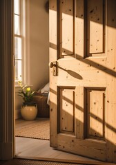 Sunlit wooden door beckoning with interior view and potted plant allure