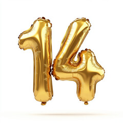 Obraz premium Shiny gold number 14 balloon on white background celebratory decor
