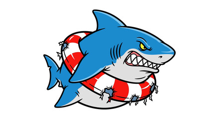 Naklejka premium Cartoon shark with life preserver isolated on transparent background, angry expression